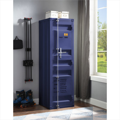 Garde-robe de chambre à coucher avec finition en métal bleu riche, tringle de rangement haute de 67 po et tablette, empreinte compacte de 22 po x 20 po