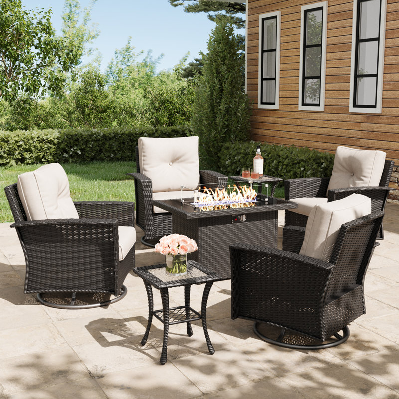 Lark Manor™ 7 Piece Wicker Patio Furniture Set with Fire Pit Table, Classis Outdoor Conversation 360 Degree Swivel Chairs Set with Coffee Table