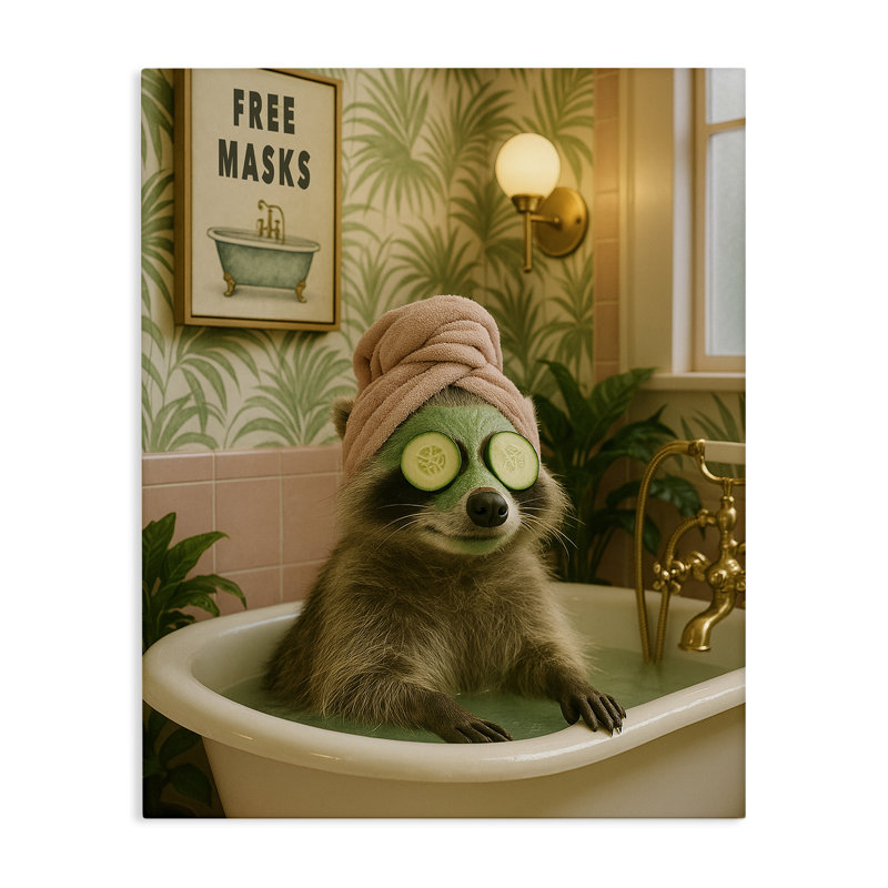 Toile Raccoon Spa Day Bath, design par Grotto Studios, H 20 po x l 16 po