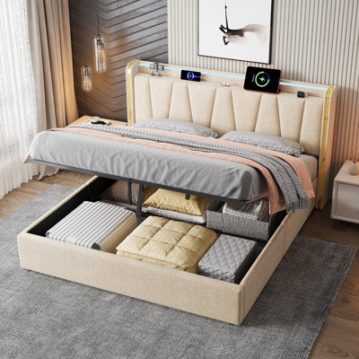 Hydraulic Upholstered Bed With Led Headboard & Storage – White Bouclé