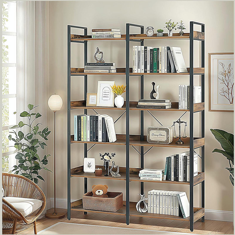 6-Tier Wooden Bookshelf with Open Shelves, Modern Metal Frame Bookcase for Storage and Display