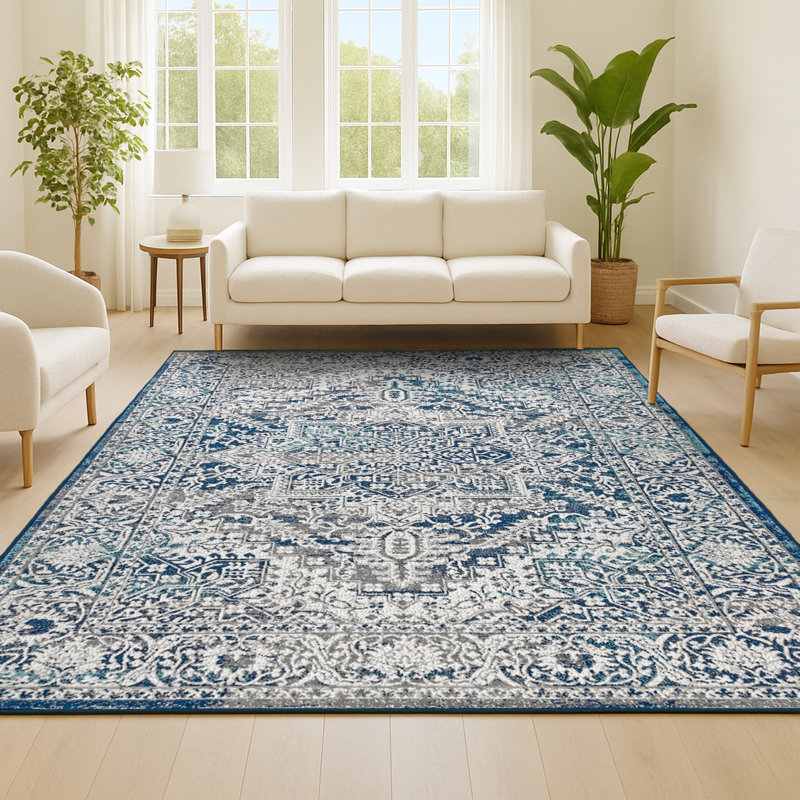 Tapis bleu marine / gris clair Modern, Rectangle 10 pi x 13 pi 1 po