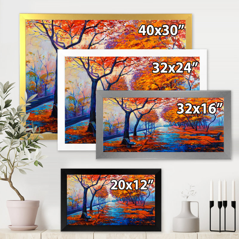 Petite route à travers le paysage d'automne orange III - peinture sur toile, Cadre photo blanc, H 12 po x l 20 po x p 1 po