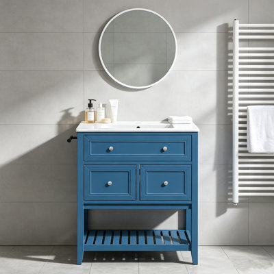 Meuble-lavabo simple 30 po avec comptoir d'évier, meuble de rangement autoportant avec tiroir basculant, 2 tiroirs et tablette à lattes ouverte, porte-serviettes latéral réversible