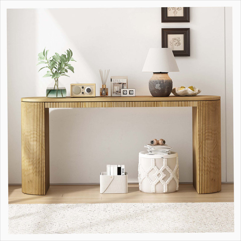 59.2" Large Curved Console Table with Unique Vertical Stripe Design, Natural