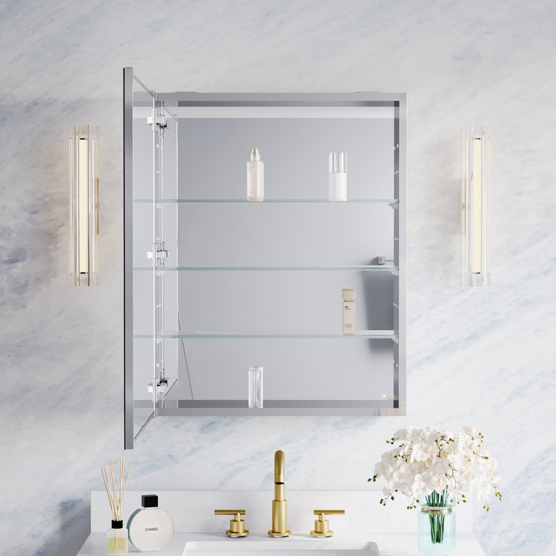 24''W x 30" H Recessed or Surface Mount Bathroom Mirror Beveled Medicine Cabinet  With Adjustable Glass Shelves, Left