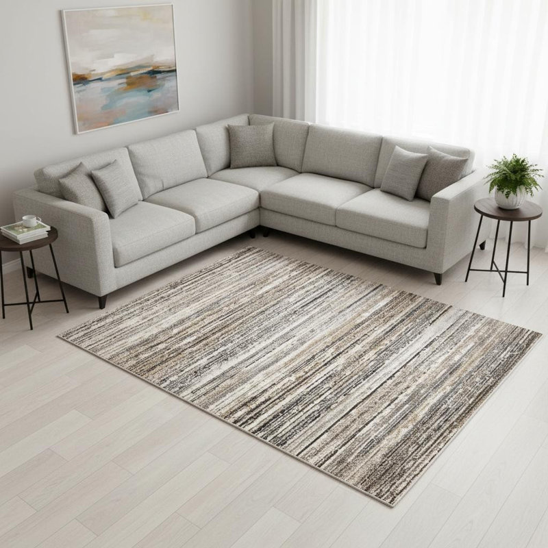 Tapis rayé gris et noir 8 pi x 11 pi