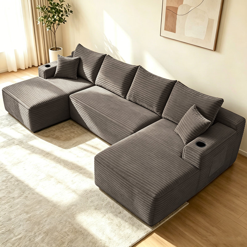 Canapé modulaire 133 po avec méridienne en U, poches latérales et porte-gobelet 133 po, conception modulaire moderne, assise profonde, canapé rembourré, aucun assemblage requis