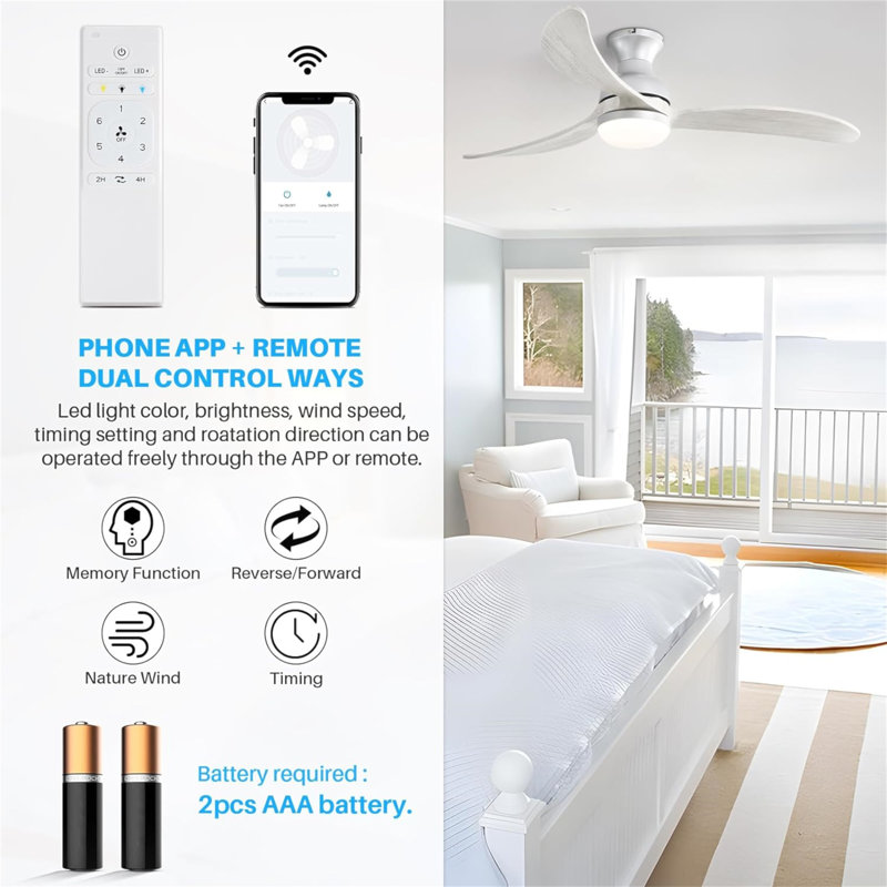 Ventilateur de plafond moderne de 52 pouces avec moteur à courant continu réversible à télécommande à 3 pales en bois massif à intensité variable