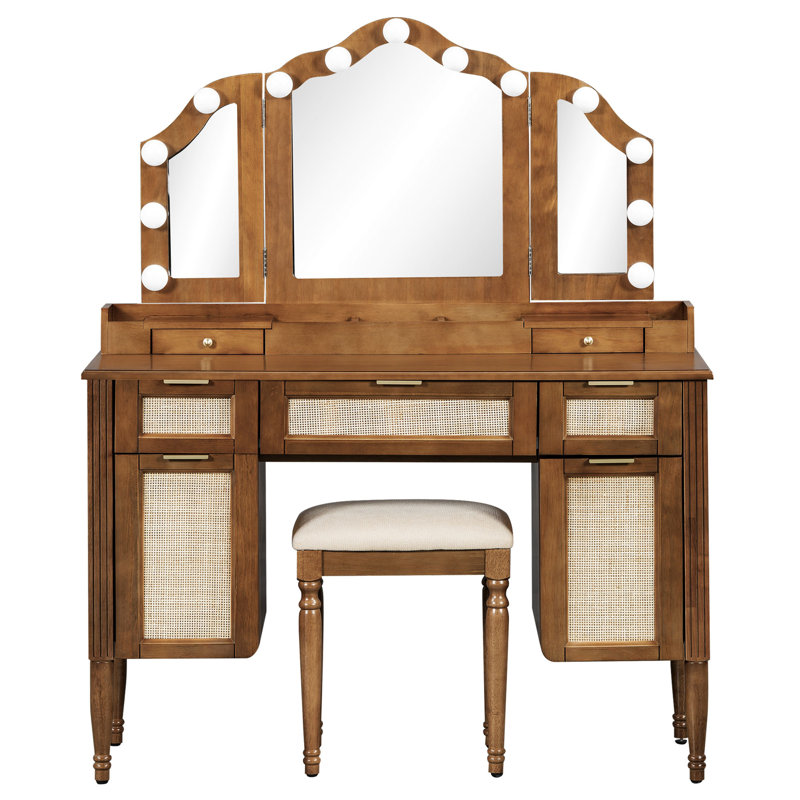 Ensemble de coiffeuse de 44,37 po avec tabouret, 13 ampoules Hollywood et 3 modes d'éclairage, coiffeuse à miroir triple pliable avec tabouret rembourré, station de charge, beaucoup de rangement