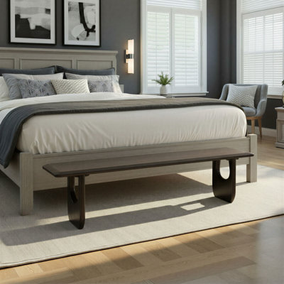 Banc en bois d'acacia sculpté avec pieds angulaires et poutre de soutien