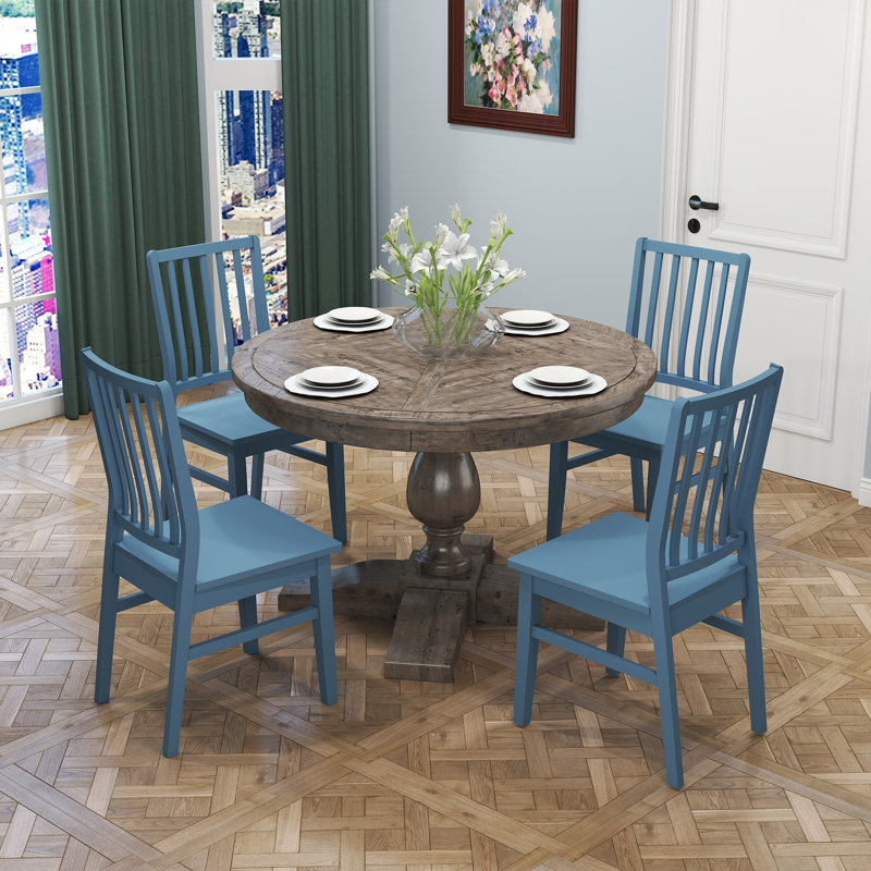5-Piece Dining Set Mid-Century Modern Wooden Table & Upholstered Chair Set For Home, Kitchen, Dining Room, Brown, Blue