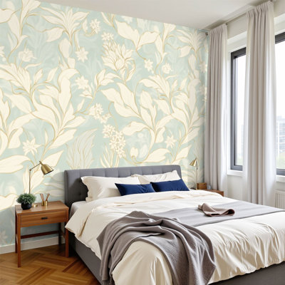 Papier peint adhésif rétro à motif de feuilles de botanique élégantes feuilles de sauge verte et beige H 100 po x l 144 po, papier peint amovible en PVC autocollant pour chambre à coucher