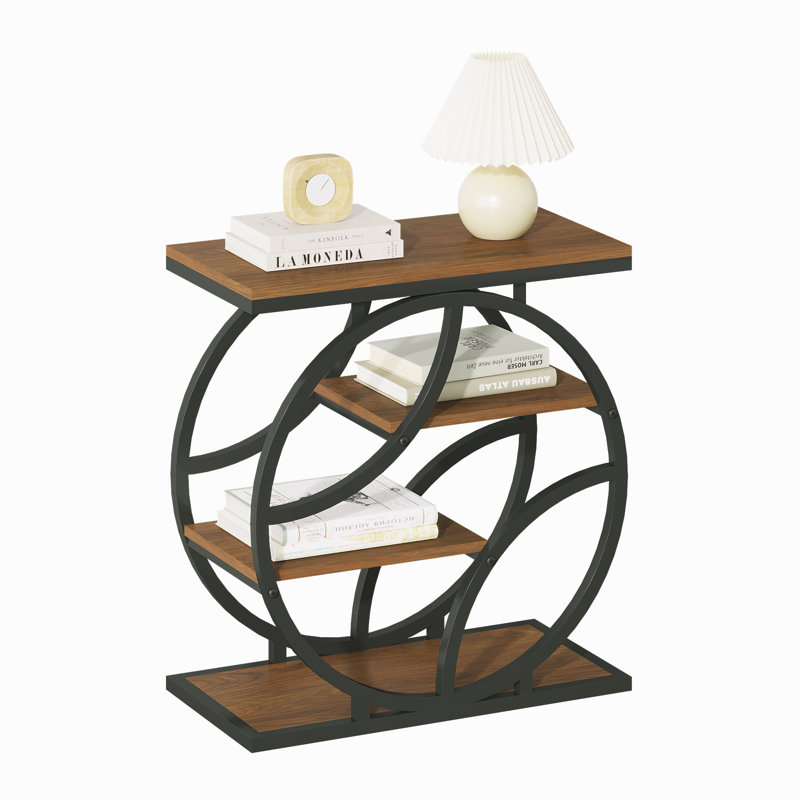 Table d'appoint industrielle à 4 niveaux, table de bout étroite avec structure en métal, table de chevet brune et support à plante pour petits espaces