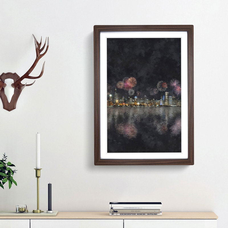 Fireworks Above the Chicago - Picture Frame Painting Print, 33cm H x 24cm W x 2cm D, Walnut Framed