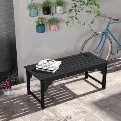 Banc de jardin en bois, banc de parc extérieur avec siège à lattes, banc de véranda sans dossier avec siège incurvé pour véranda, jardin, bord de piscine, terrasse, noir