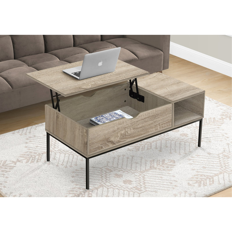 Table basse rectangulaire, 42 po de long, taupe foncé, plateau relevable, structure en métal noir, table de rangement disponible avec finition taupe, pieds