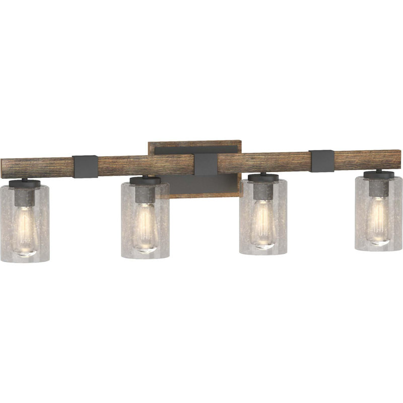 Luminaire pour salle de bain ou applique murale en noyer noir 4 lumières avec abat-jour cylindrique en verre bullé transparent