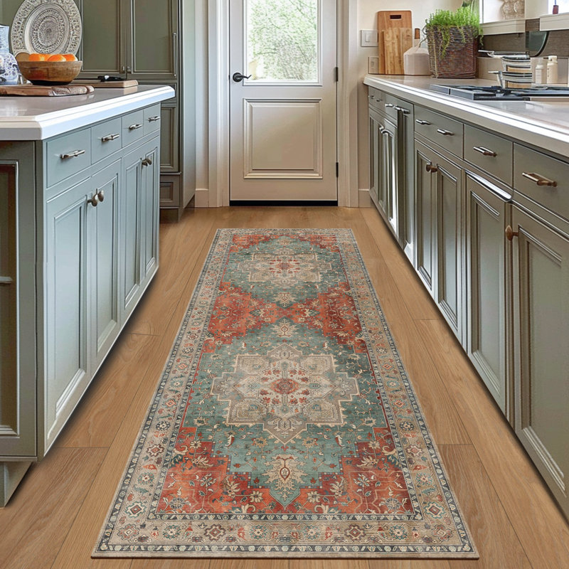 Transitional Rust/Teal Machine Washable Non-Slip Area Rug, Runner 2' x 7', Rust/Teal