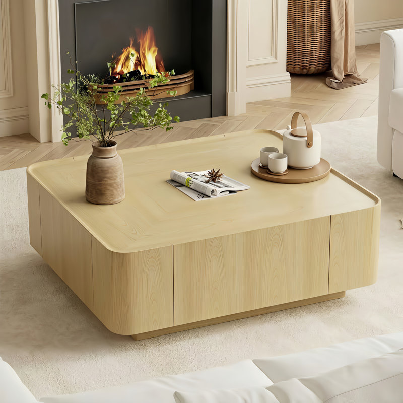 Table basse simple carrée en noyer avec rangement, H 15,75 po x l 35,43 po x P 35,43 po, Bois de chêne