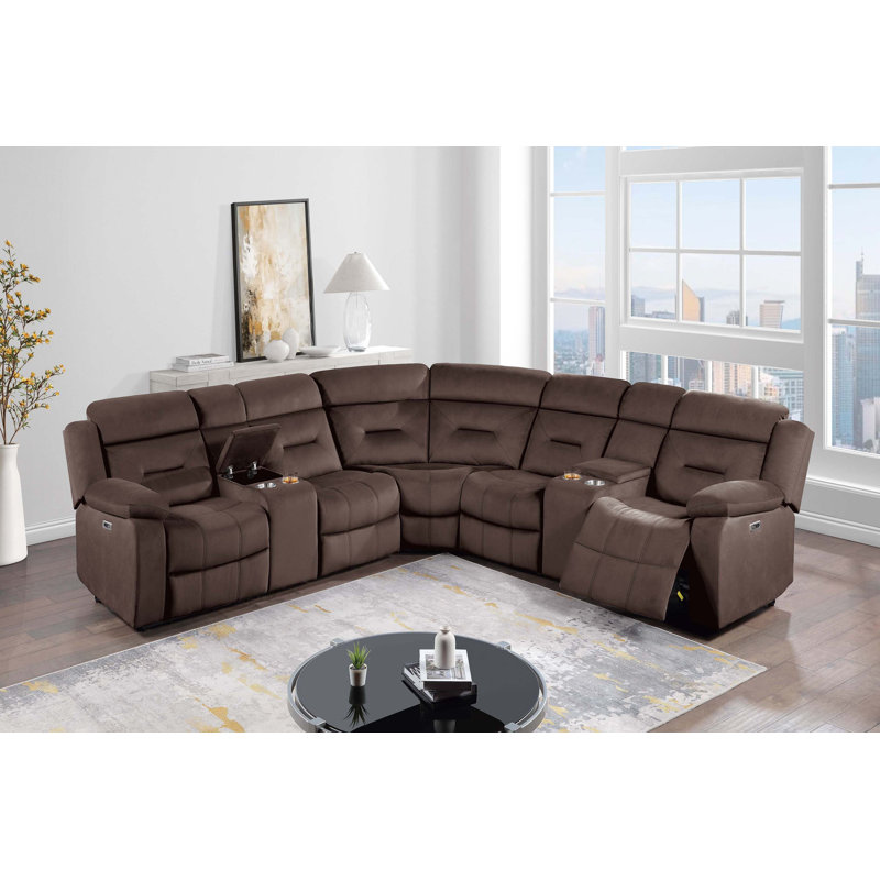 Ensemble de canapé modulaire inclinable électrique de style contemporain avec deux porte-gobelets Power Motion, Chocolat