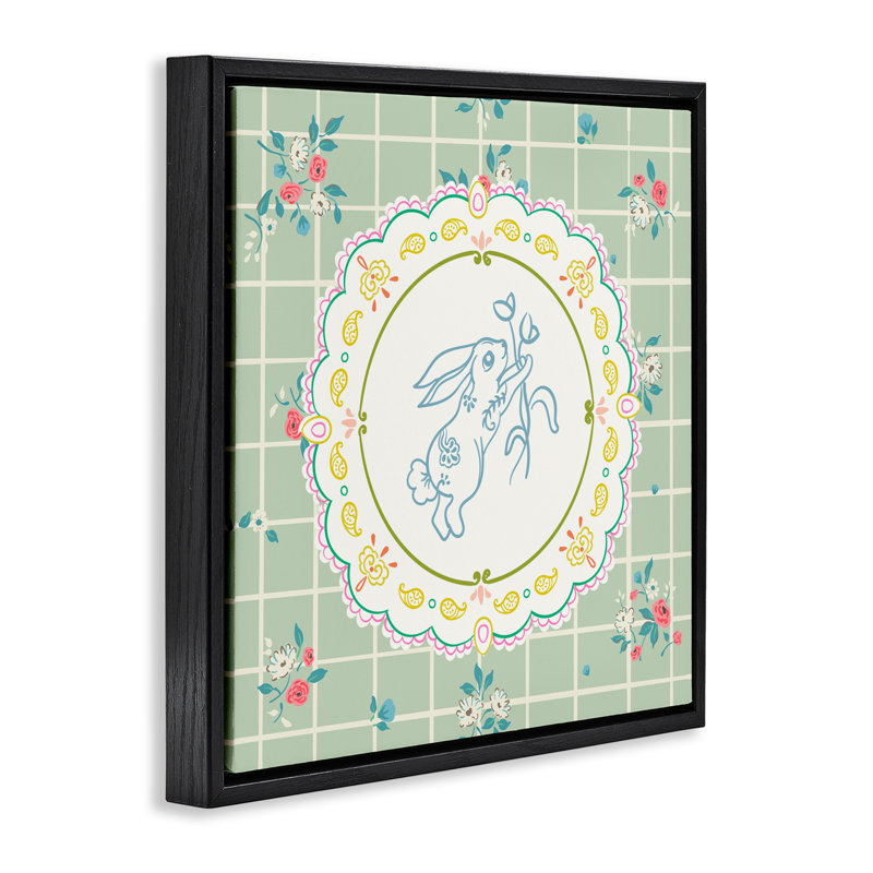 Lapin de printemps sur cadre flottant napperon, design par Angela Steahling, Cadre flottant noir de jais, H 18 po x l 18 po