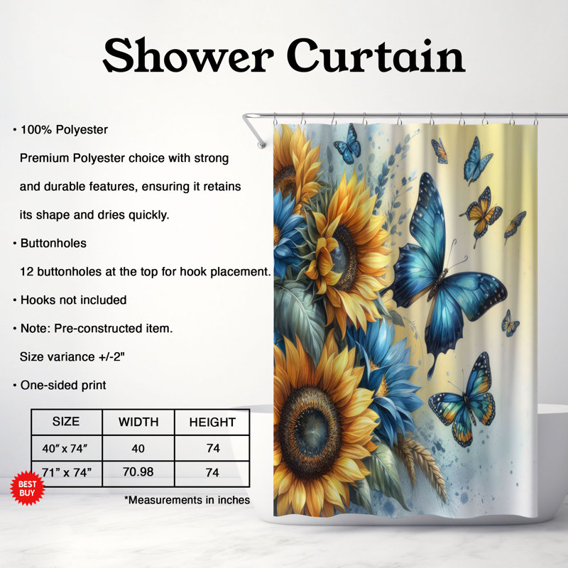 Rideau de douche standard 1 pièce Sunflower Wings, H 74 po x l 71 po