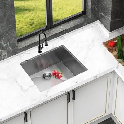 Évier de cuisine à simple cuve en acier inoxydable de 23 po x 18 po 9 po, avec jauge 16, avec drain, guide d'eau en forme de X et patin antibruit en acier 304, ensemble de drain, dispositif de réduction