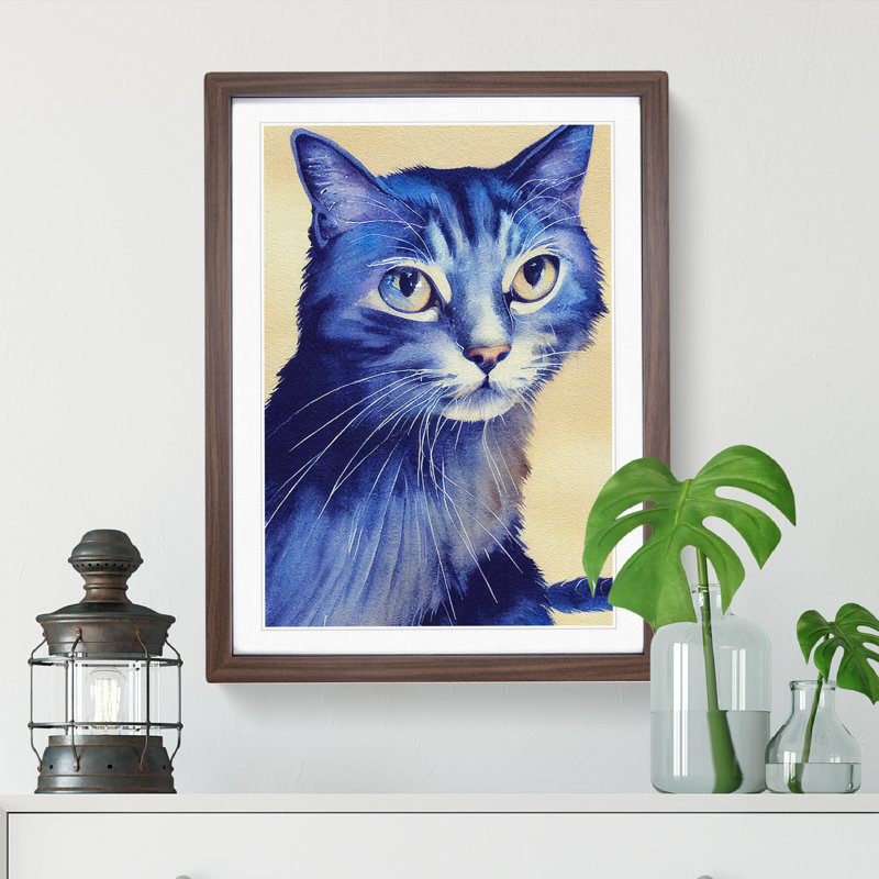Cat Watercolour No.3 - Wall Art, 36cm H x 27cm W x 2cm D, Walnut Framed, White