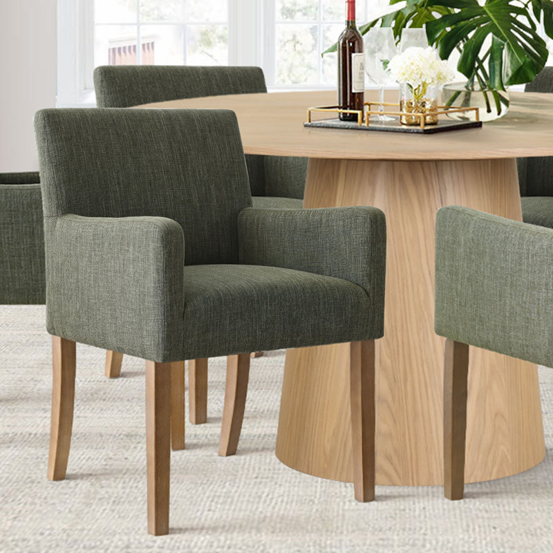 Sarosh 4 - Person Dining Table Sets With 52'' Round Table & 4 Upholstered Linen Armchairs, Dark Green