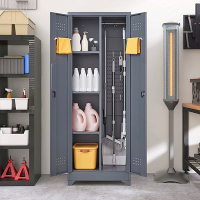 Storage Cabinet With Locking Doors And Shelves, 65" H Metal Storage Cabinet With Hanging Rod & S-Hooks, Cleaning Tool Storage Cabinet Grey