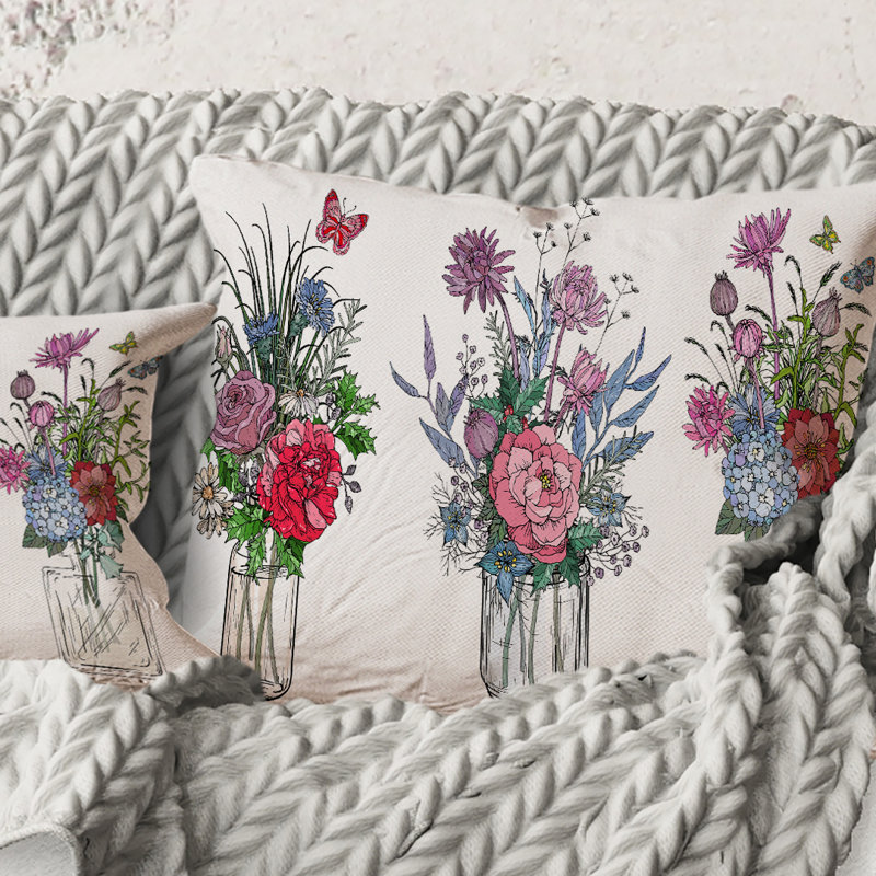 Rectangle, bouquets de fleurs sauvages dans des vases transparents I - Coussin Farmhouse