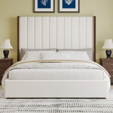67.5" Tall Headboard Upholstered  Bed With Vertical Striped And Wingback Design, Box Spring Needed, Linen