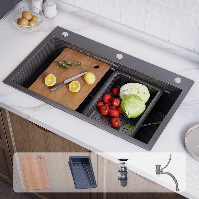 Évier de cuisine à simple cuve en acier inoxydable noir, évier de poste de travail encastré avec accessoires coulissants, sans robinet