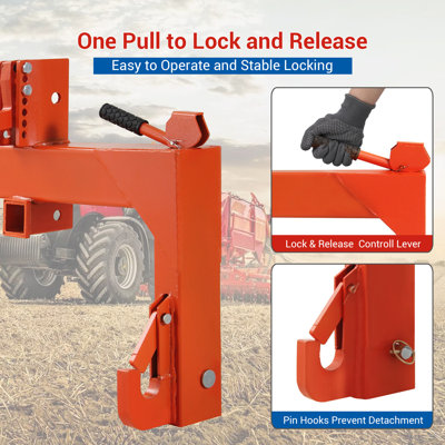 Attelage rapide 3 points, catégorie 1, capacité de levage de 3000 lb, attelage rapide de 27,5 po entre les bras inférieurs, ajustement de niveau de 14,5 po à 17,5 po, adaptateur d'attelage rapide aux tracteurs de catégorie 1 et 2