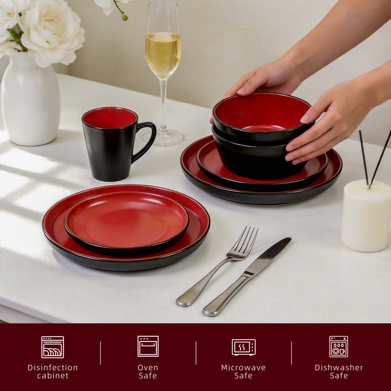HomeVSS  8-Piece Stoneware ColorCore Dinnerware Set, Shiny Red Inside & Matte Black Outside, Service for 2, Red