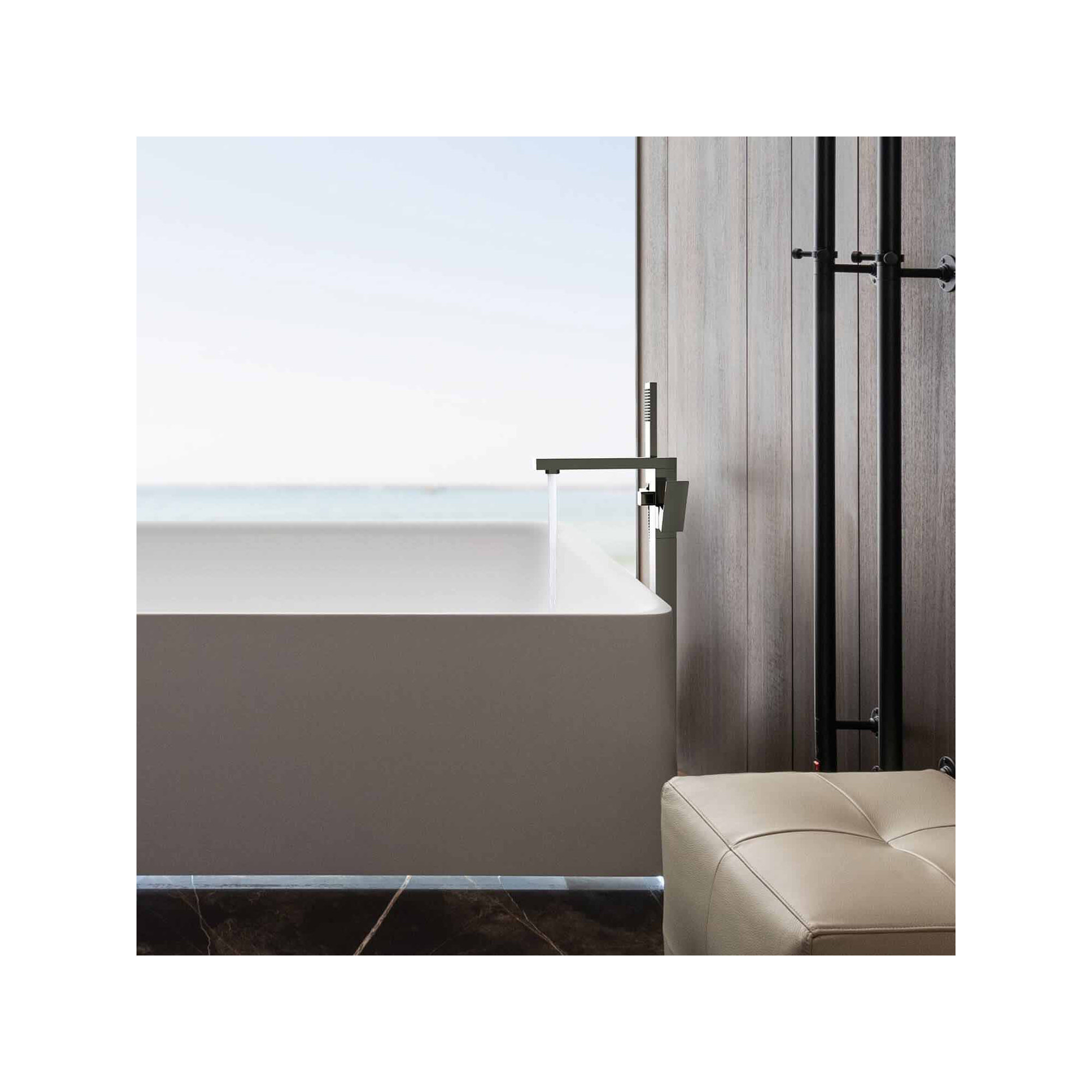 Cube Floor Tub Spout with Diverter, Brushed Nickel