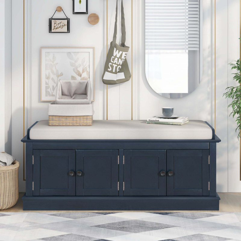 Upholstered Wooden Storage Ottoman Bench With 2 Drawers For Bedroom,Padded Seat, Antique Navy