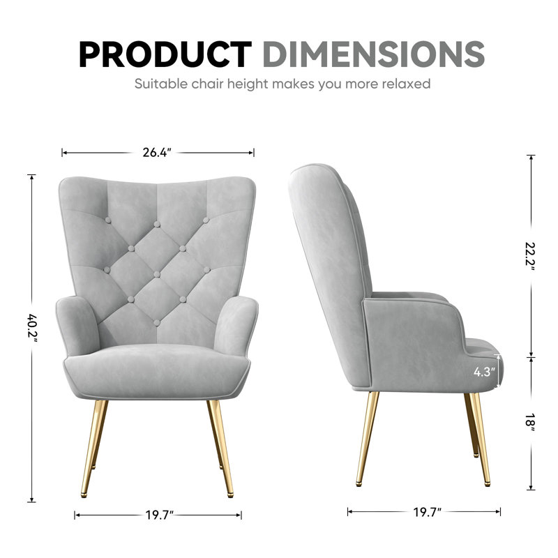 Pureza Velvet Wingback Chair, Gray Velvet