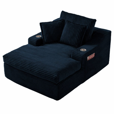 Chaise Lounge Chair, Upholstered Chaise Lounge with Cup Holders and 3 Pillows
