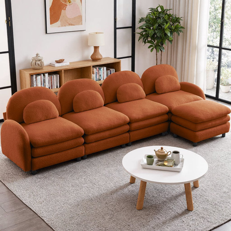 Teddy Fabric L-Shaped Cloud-like 4-Seater Modular Sectional Sofa, Curved Backrest & Armrests, Movable Ottoman, Double-Layer Cushion with Lumbar Pillows for Supportive Comfort