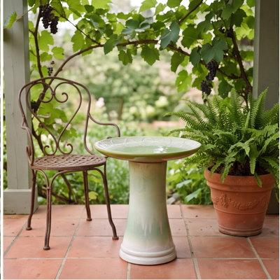 Handmade Glazed Ceramic Bird Bath with Daisy Petal Embossed Tray, 17" Bowl & 18" Pedestal, Ombre Off-White to Sage Green