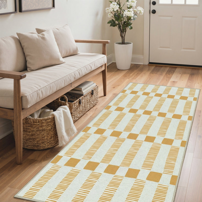 Mid-Century Checkerboard Machine Washable Area Rug, Mustard Yellow & Cream Soft Low-Pile Non-Slip Rug, Runner 2'6" x 8'