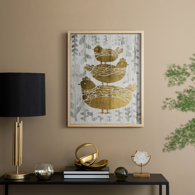Three French Hens - Gold Leaf Holiday, reproduction encadrée - bois massif, Naturel, H 11 po x l 9 po