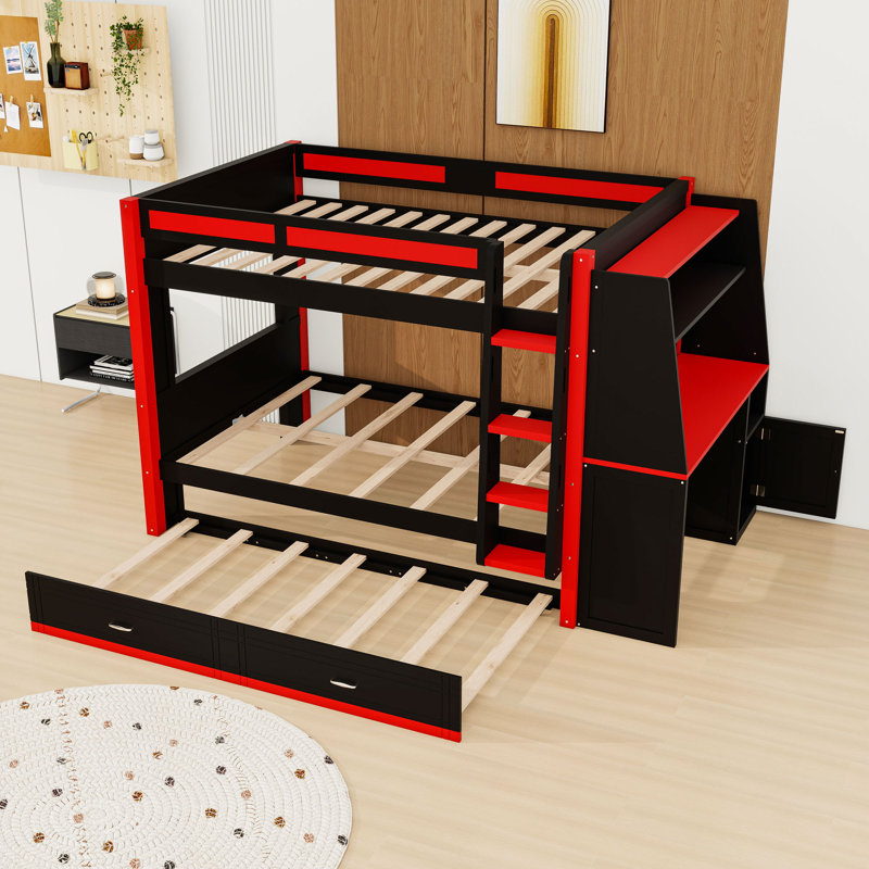Lit superposé avec lumières DEL, bureau intégré, bibliothèque et lit gigogne