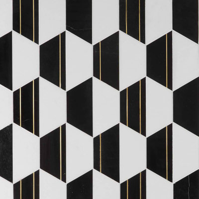 Fuse 6" Hexagon Polished Marble And Brass Inlay Mosaic