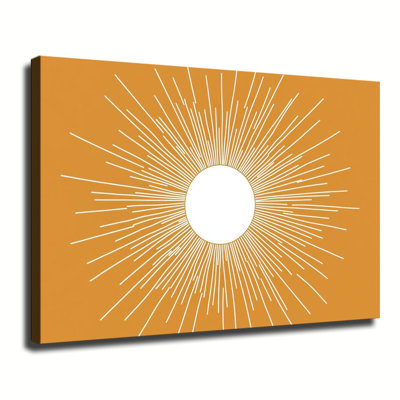 Impression d'art bohème minimaliste avec un soleil orange, grande toile tendue sur châssis pour salon ou chambre.