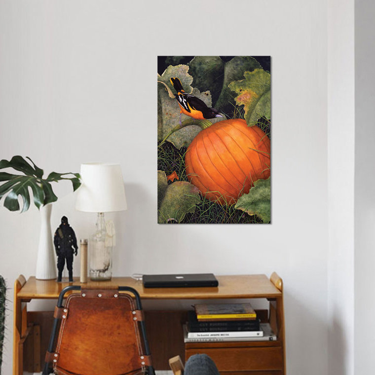«Oriole & Pumpkin», impression sur toile, H 26 po x l 18 po x P 1,5 po, Pas de tapis, Papier d'art encadré noir