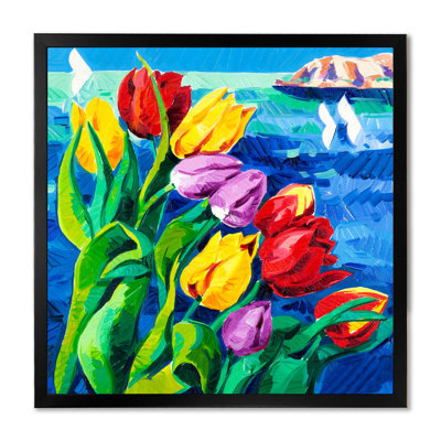 Tulipes sur l'océan - reproduction d'art murale traditionnelle en bois