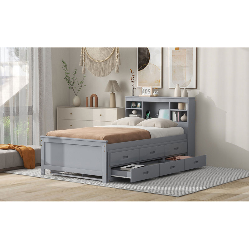 Lit plateforme simple avec tête de lit, USB, lit gigogne simple et 3 tiroirs, Gray, Lit simple